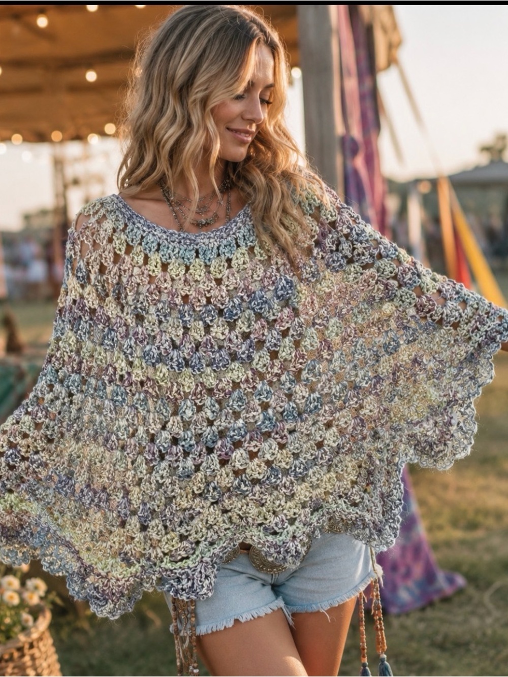 Handmade Crochet Poncho Sweater OS Pastel Variegated Open Knit Boho Festival